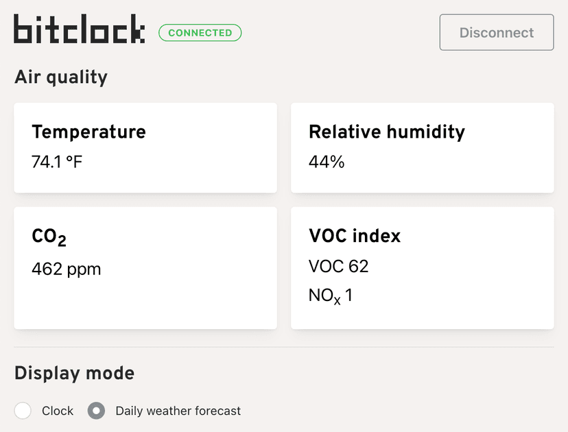 Configurator screenshot showing sensor readings